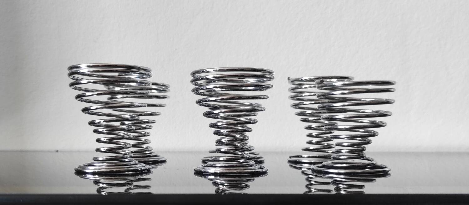 6 vintage chrome metal egg cups in spiral shape, 1970s