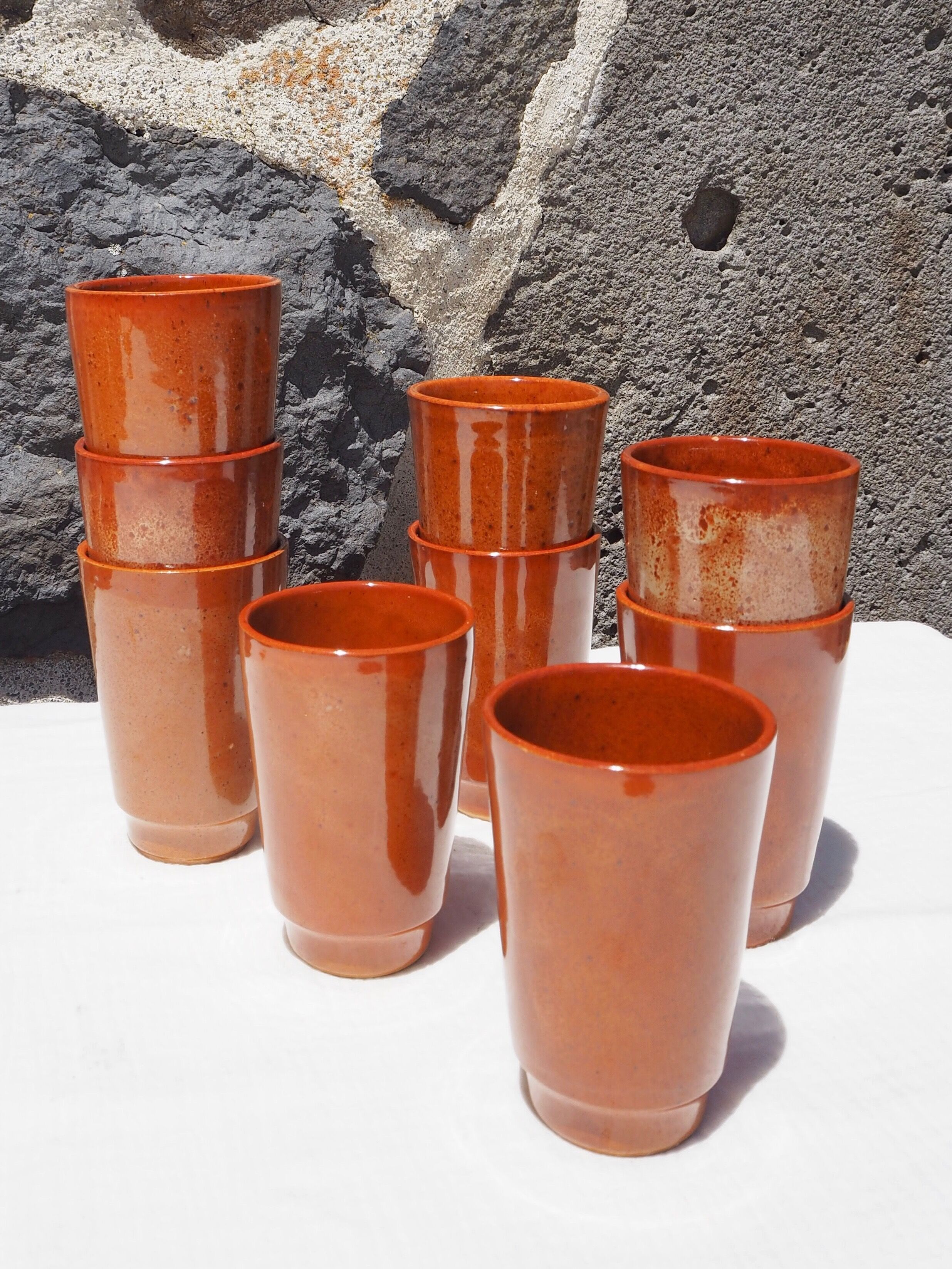 Set of 9 cups glazed stoneware cups