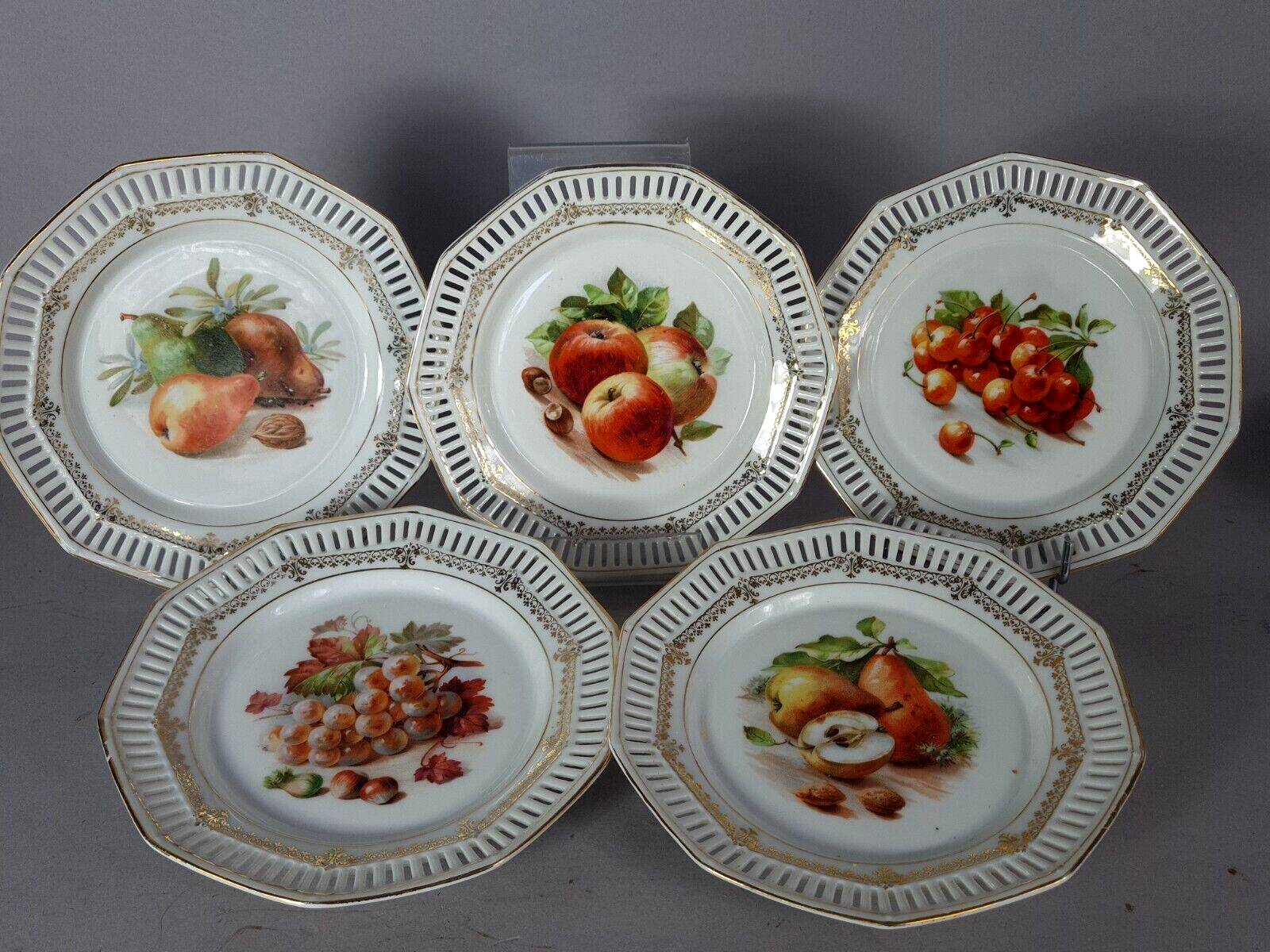 Set of 10 dessert plates & dish, openwork marli & fruits vintage 50s