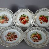 Set of 10 dessert plates & dish, openwork marli & fruits vintage 50s