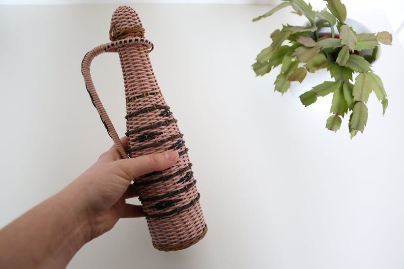 Pink and black scoubidou bottle, vintage, years 60