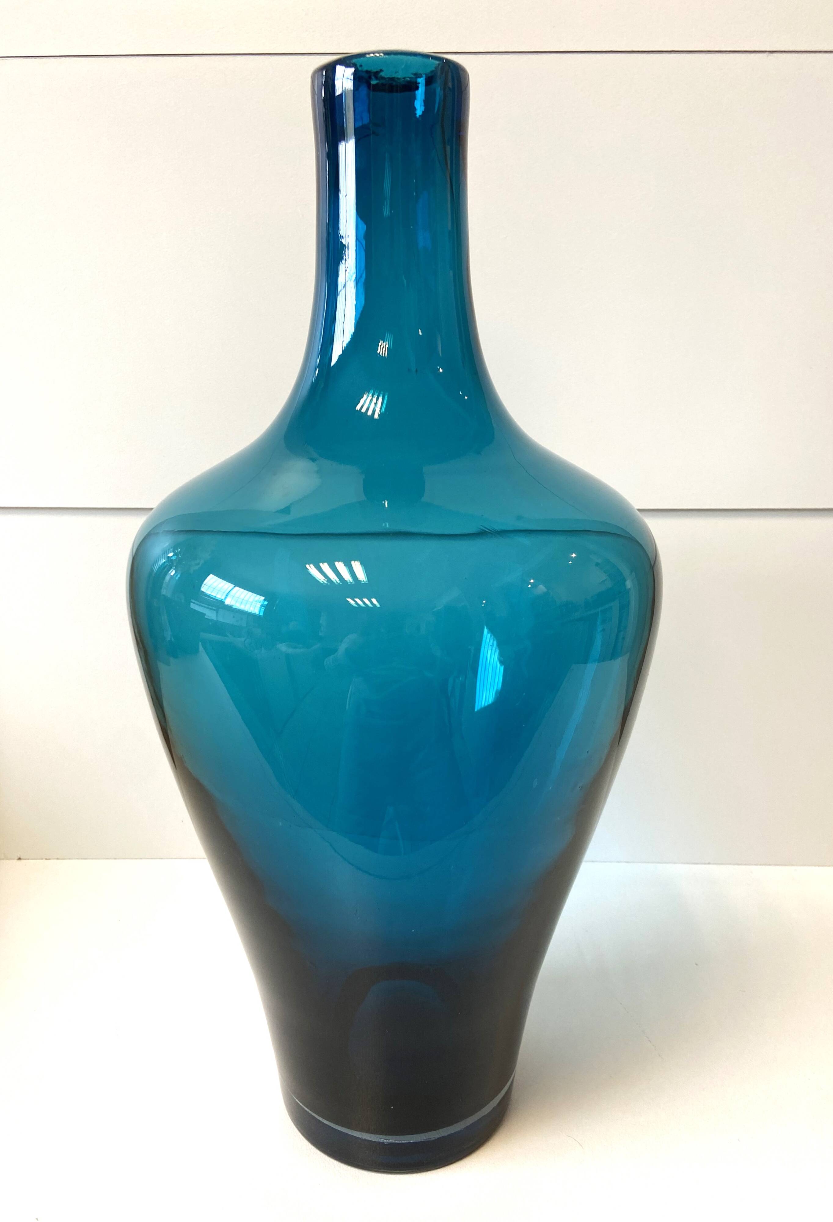 Large Modernist Soliflore Vase Thick Blown Blue Glass