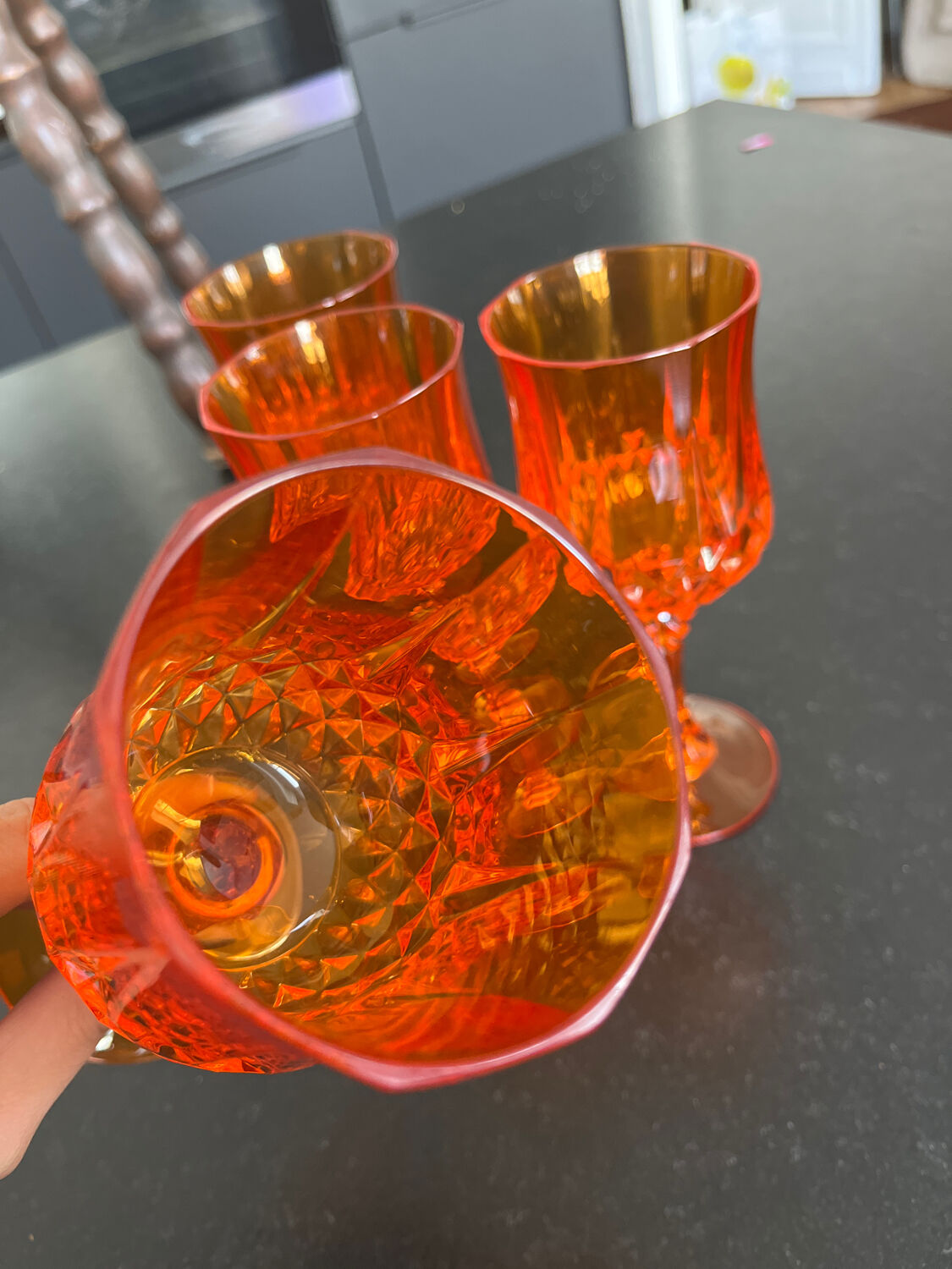 4 orange crystal glasses
