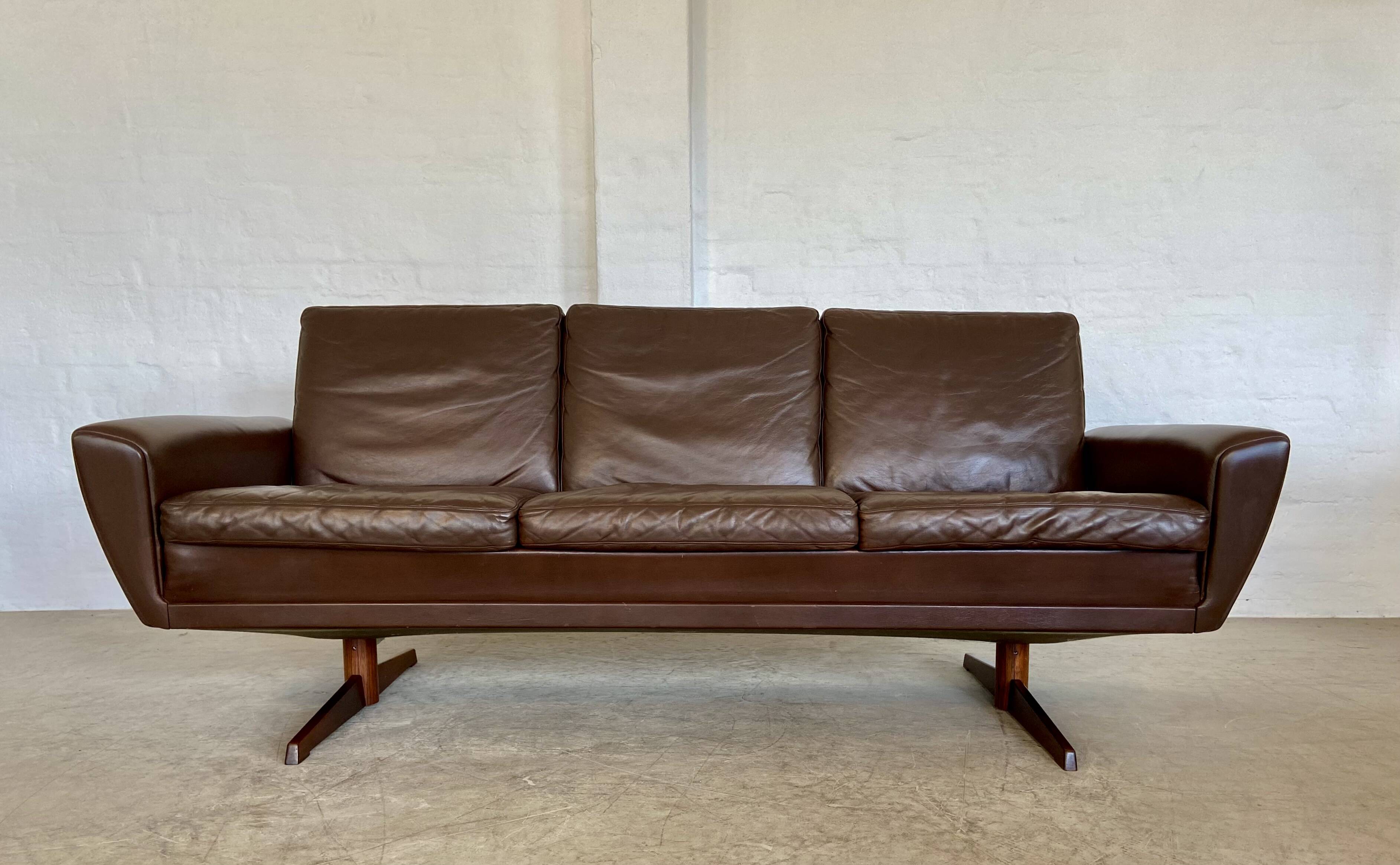 Vintage retro danish mid-century g. thams 3 person sofa in brown leather