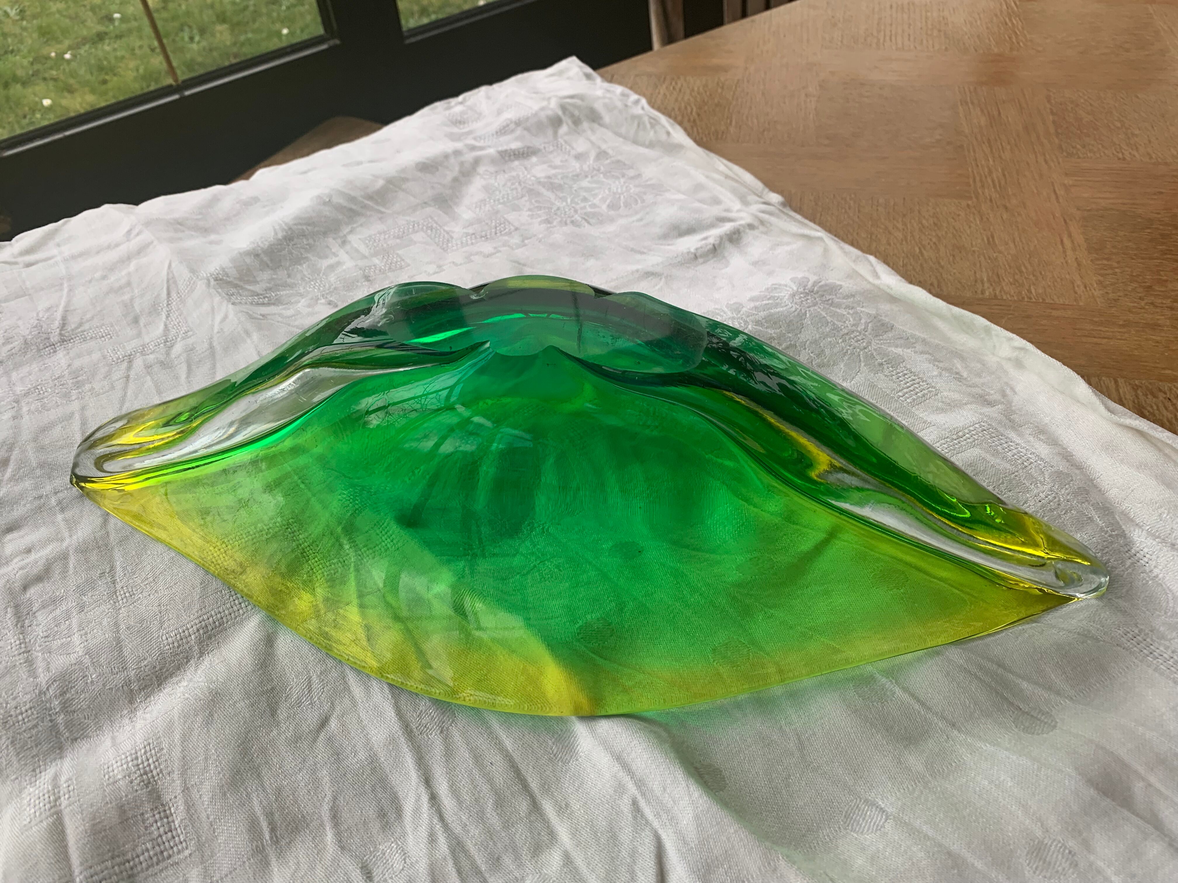 Glass fruit cup in the shape of a vintage yellow green vegetable leaf