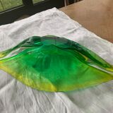Coupe à fruits en verre en forme de feuille végétal jaune vert vintage