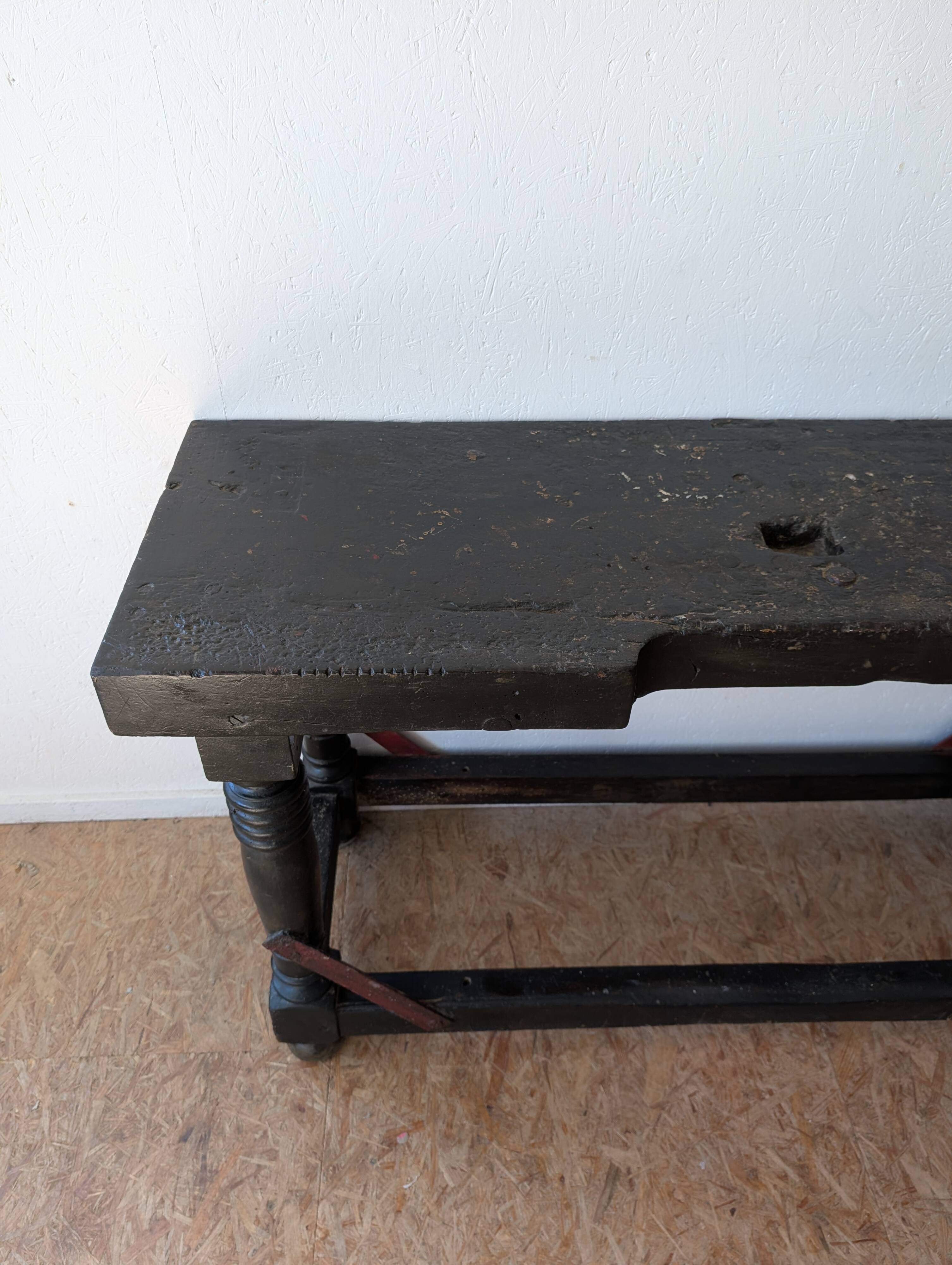 Console / old solid wood jeweler's workbench, turned legs