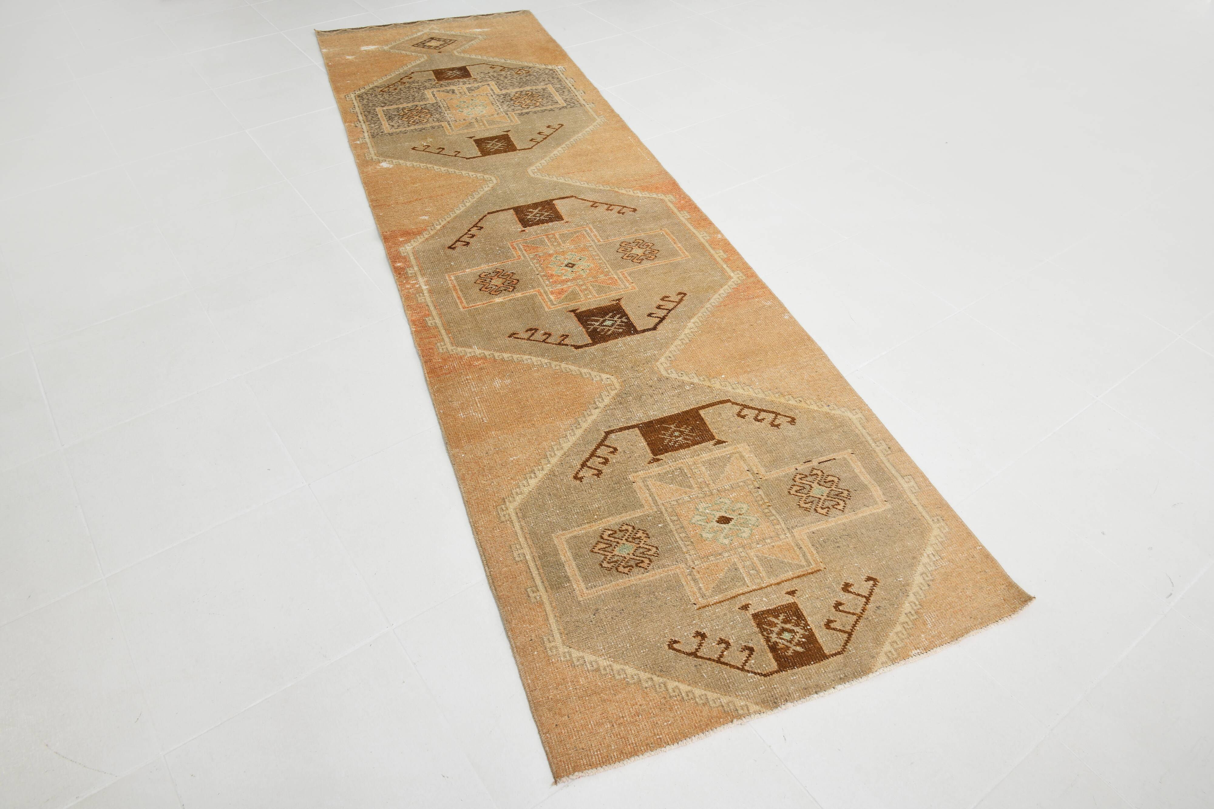 3x11 Cinnamon Color Turkish Runner Rug, Anatolian Vintage Rug, 92x321Cm