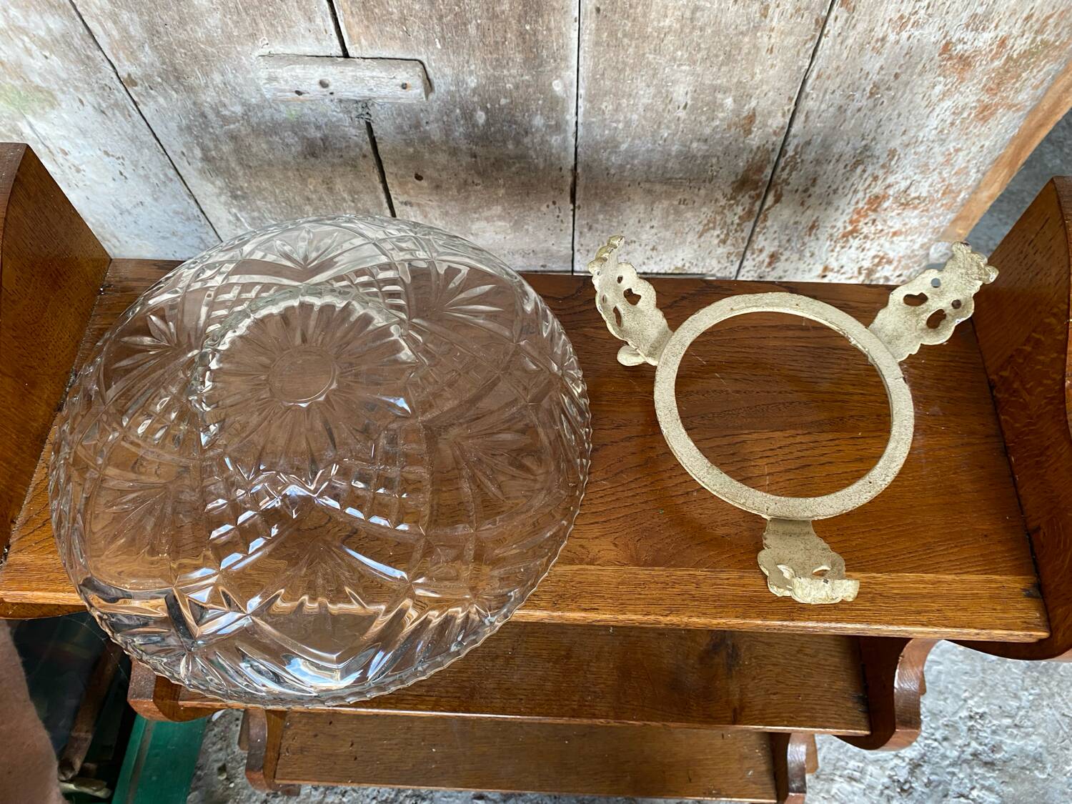 Antique fruit bowl centerpiece molded glass + vintage wrought iron