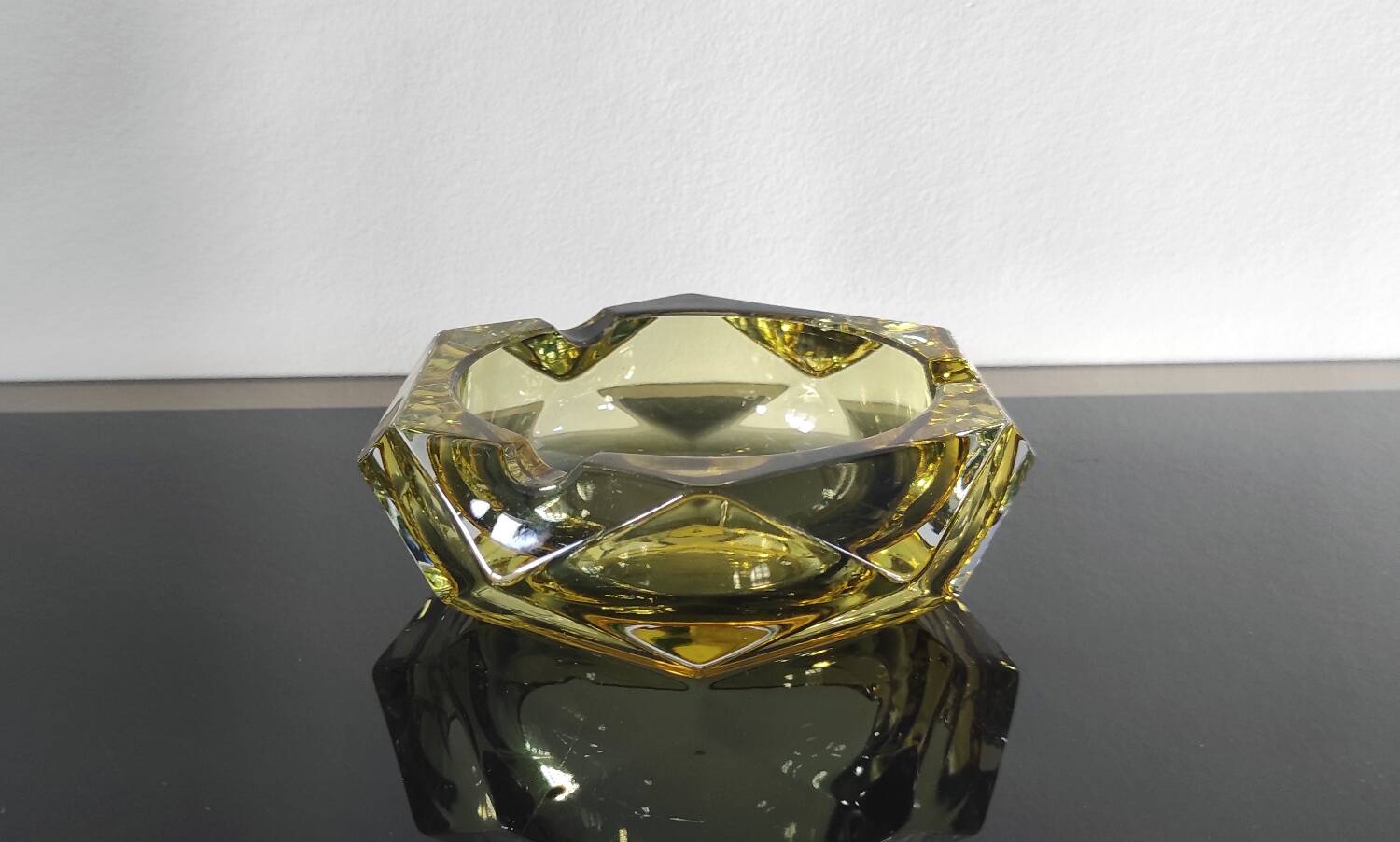 Vintage yellow faceted glass ashtray