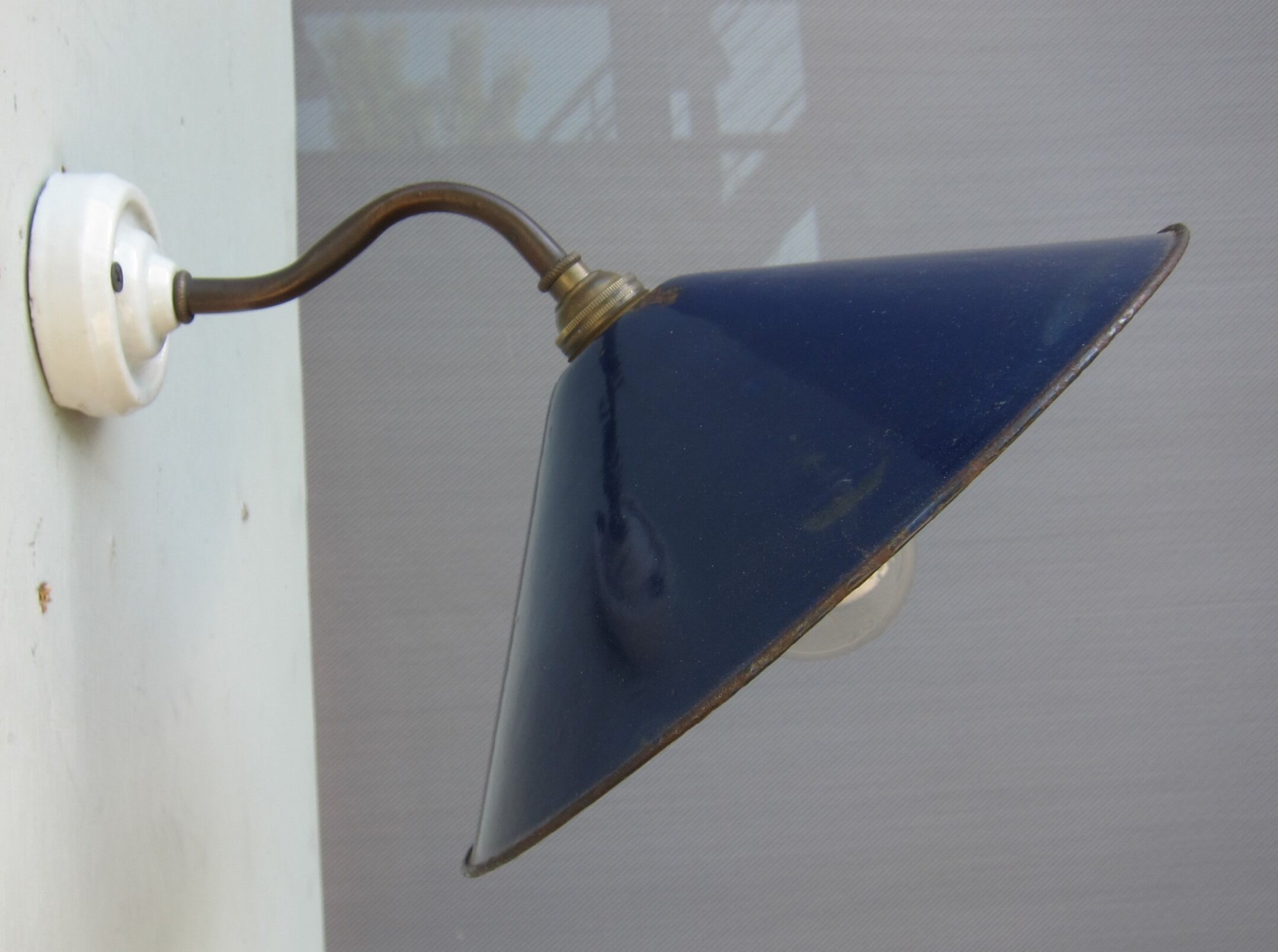 Wall lamp royal blue enamelled metal conical umbrella