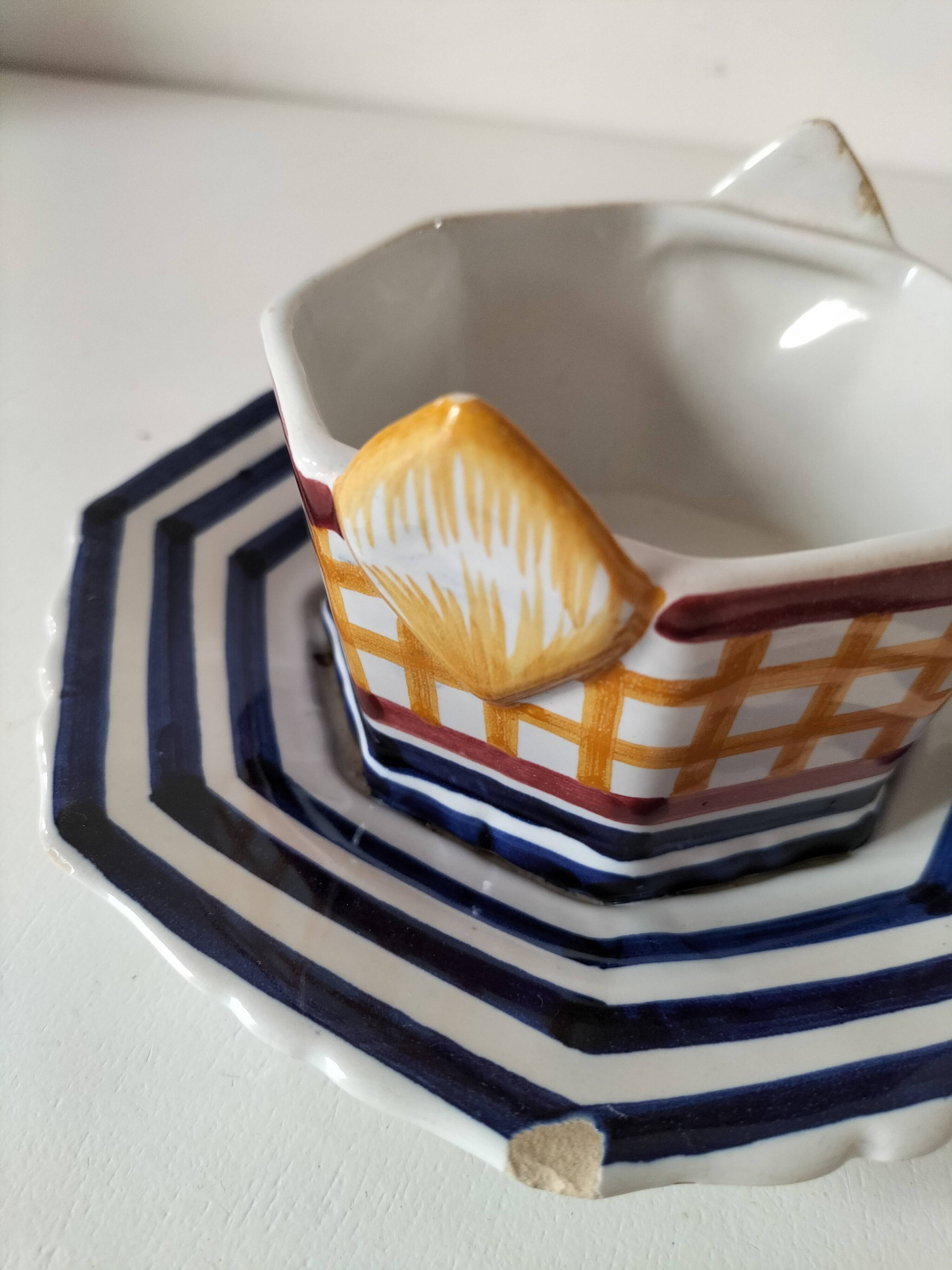 HB Quimper octagonal butter dish, hand-painted graphic design.