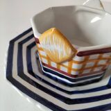 HB Quimper octagonal butter dish, hand-painted graphic design.