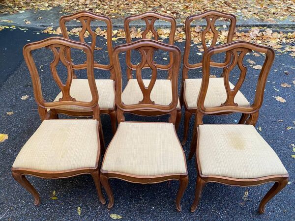 6 chaises Louis XV style régence en bois massif et tissu jaune beige
