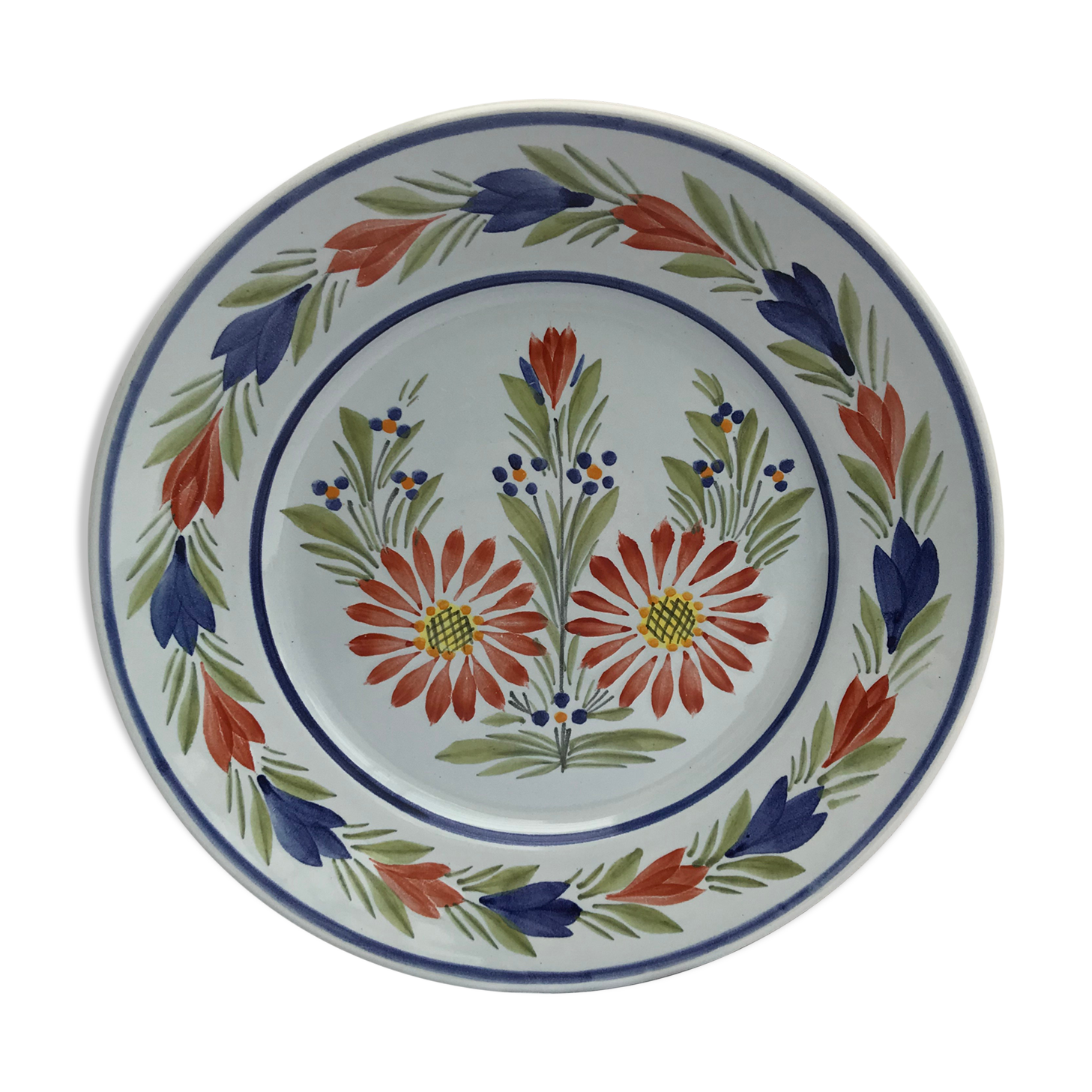 Old Plate Deco QUIMPER HB France Blue Ceramics - Vintage Painted Drawing