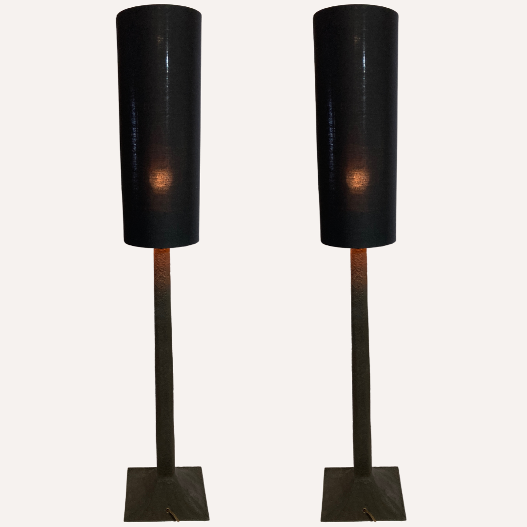 Pair vintage brutalist iron hammered floor or large table lamps, Germany.