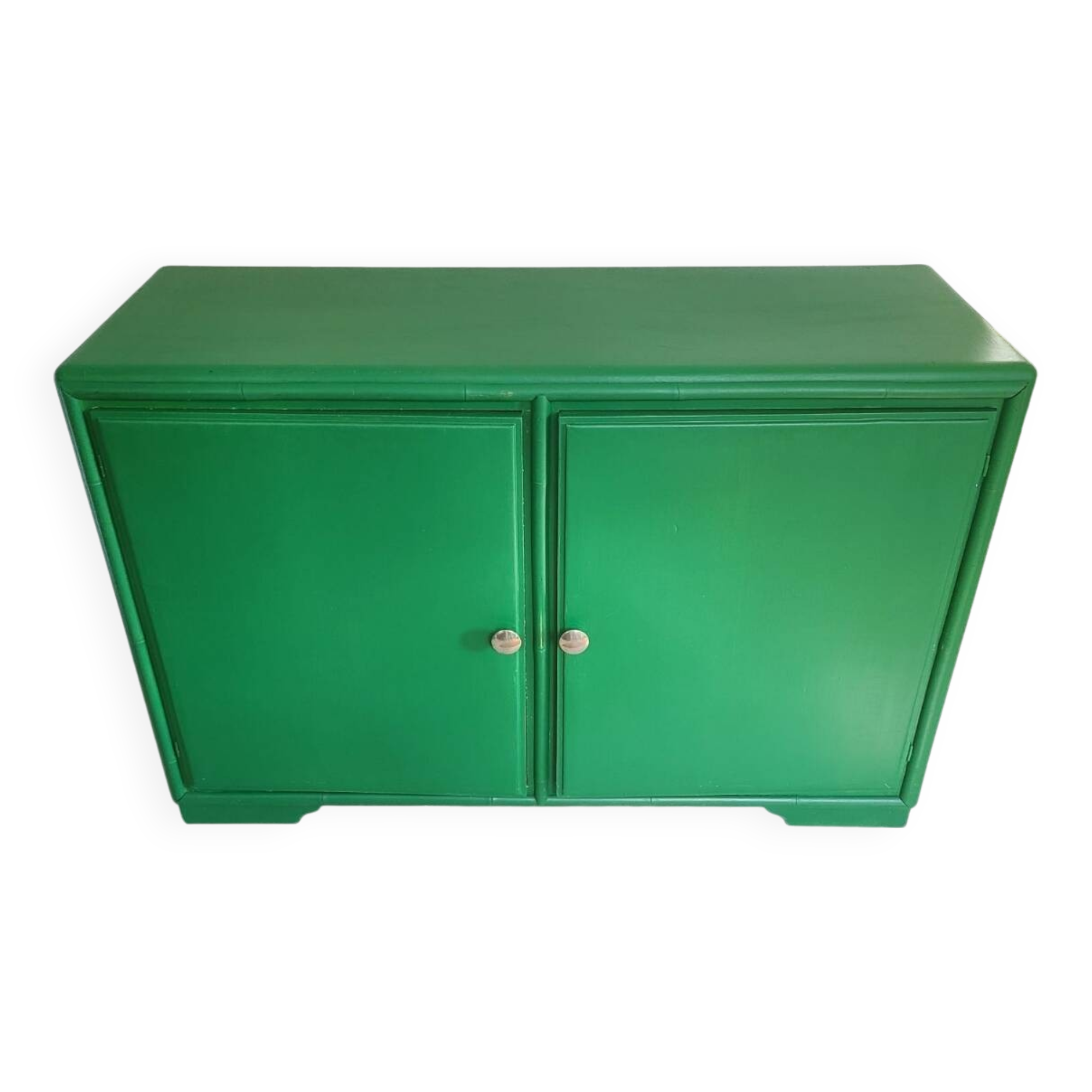 Old sideboard buffet Green wood and bamboo vintage storage unit