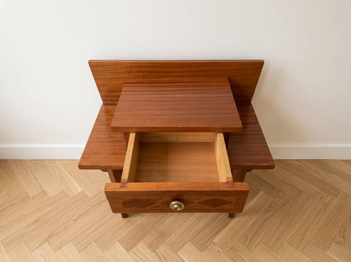 Vintage 1960s bedside table in wood and marquetry.