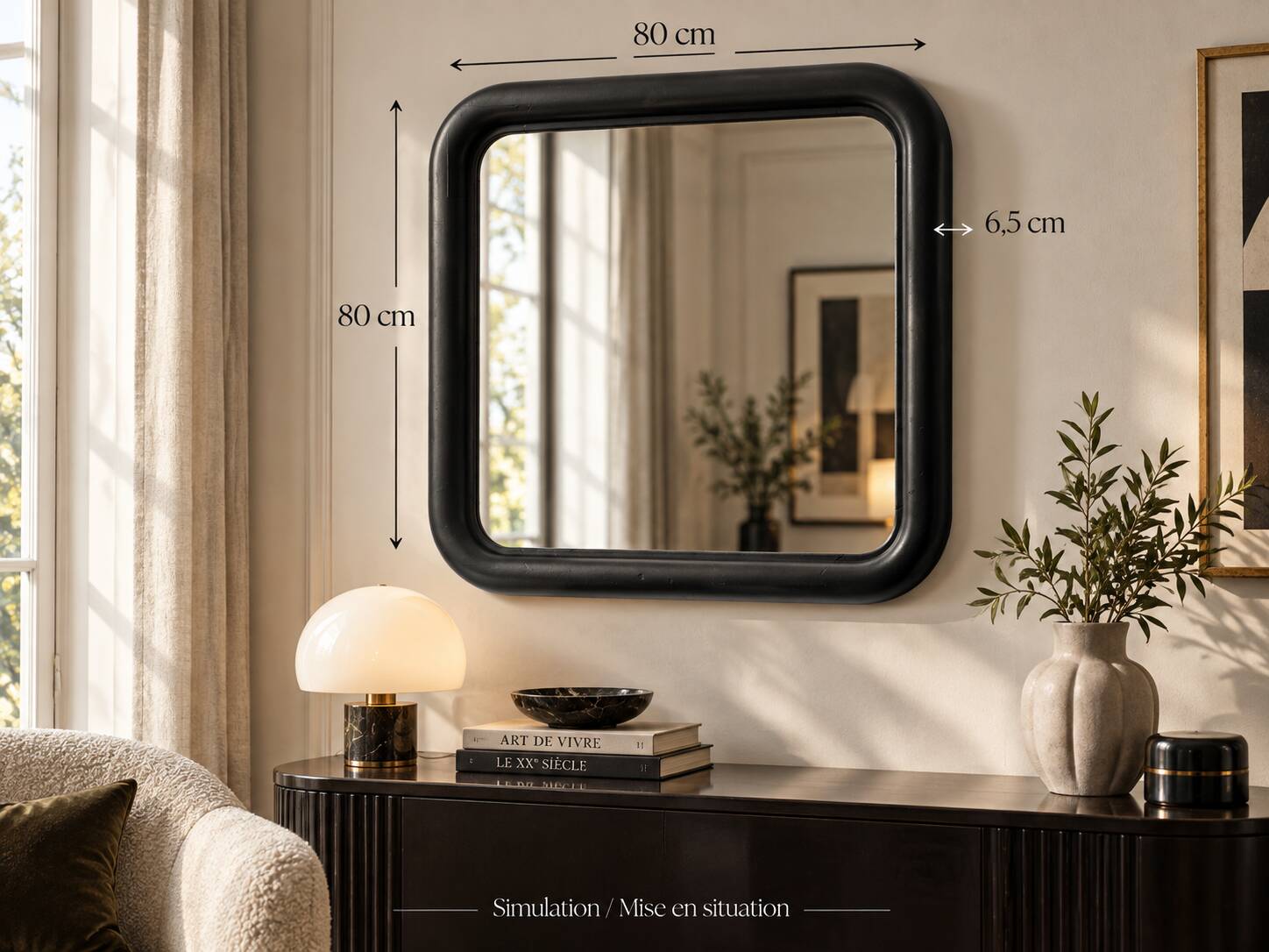 Large Art Deco mirror from the 1930s, solid wood half-moon frame, 80 x 80 cm.