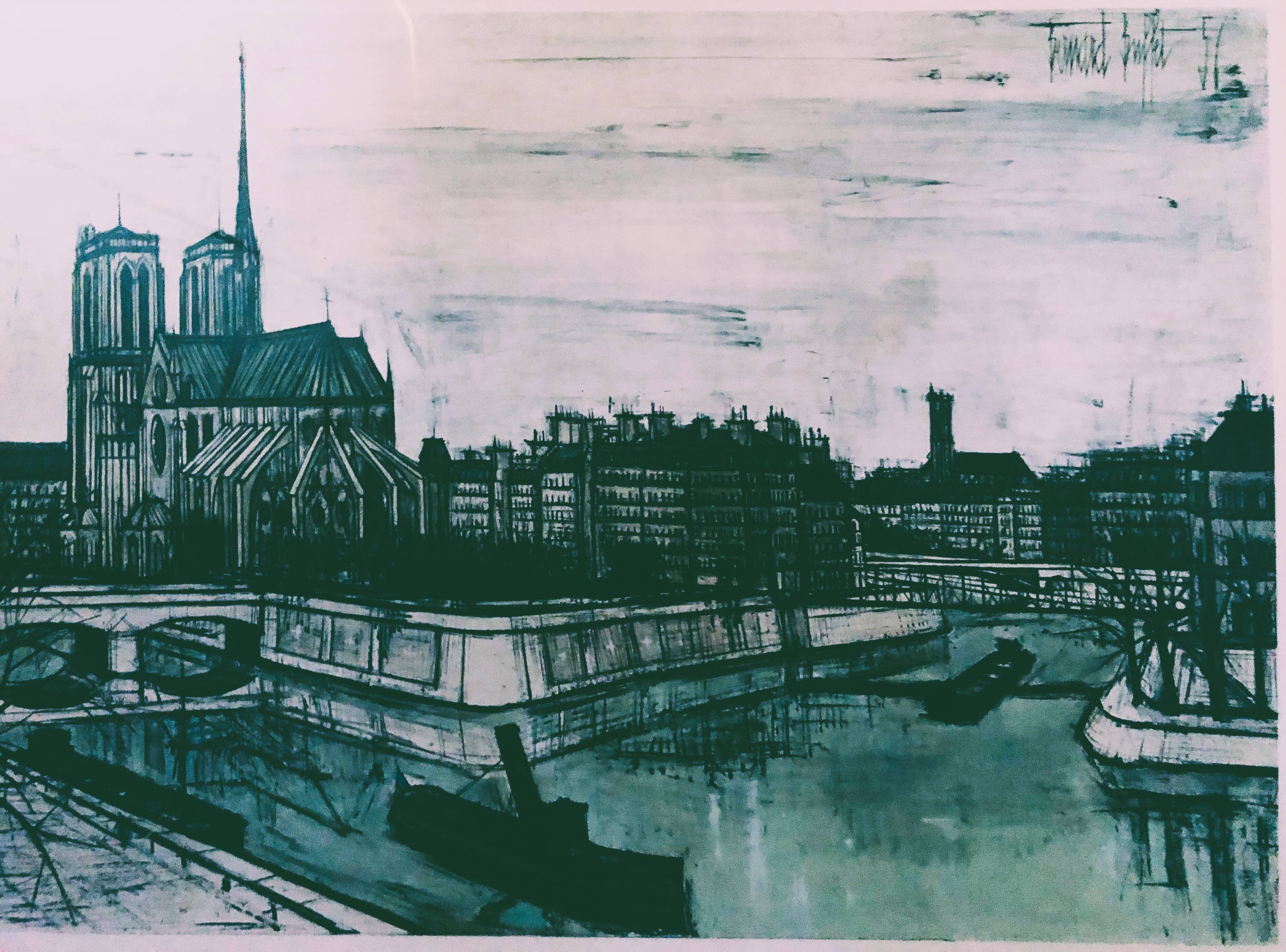 Lithograph by Bernard Buffet: the city and our lady of Paris