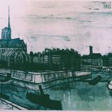 Lithograph by Bernard Buffet: the city and our lady of Paris
