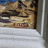 Oil painting on mid-century style panel "Port with Buildings" by B Franco, vintage and framed.