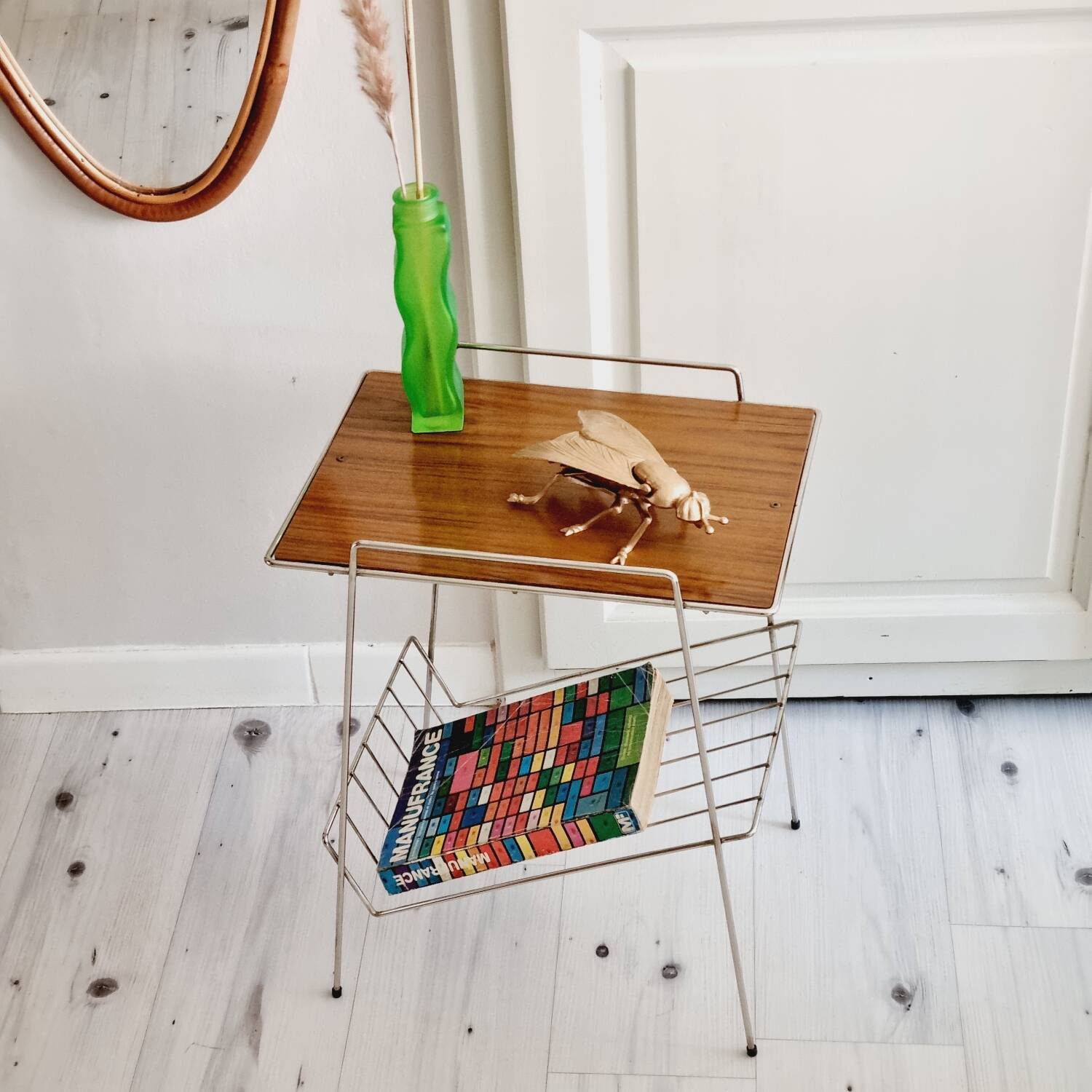 Metal and Formica magazine rack side table