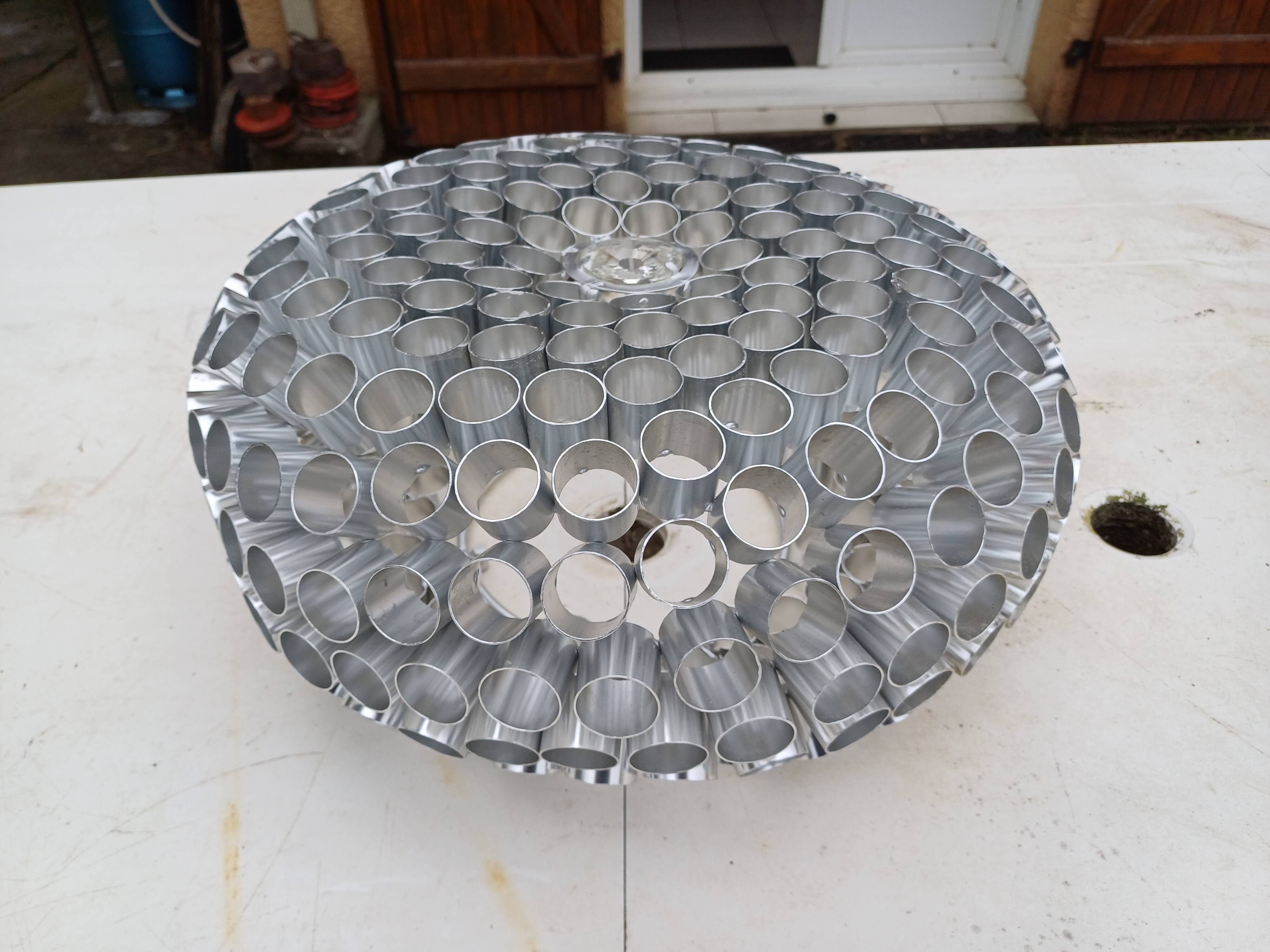 Vintage aluminum + glass pendant light