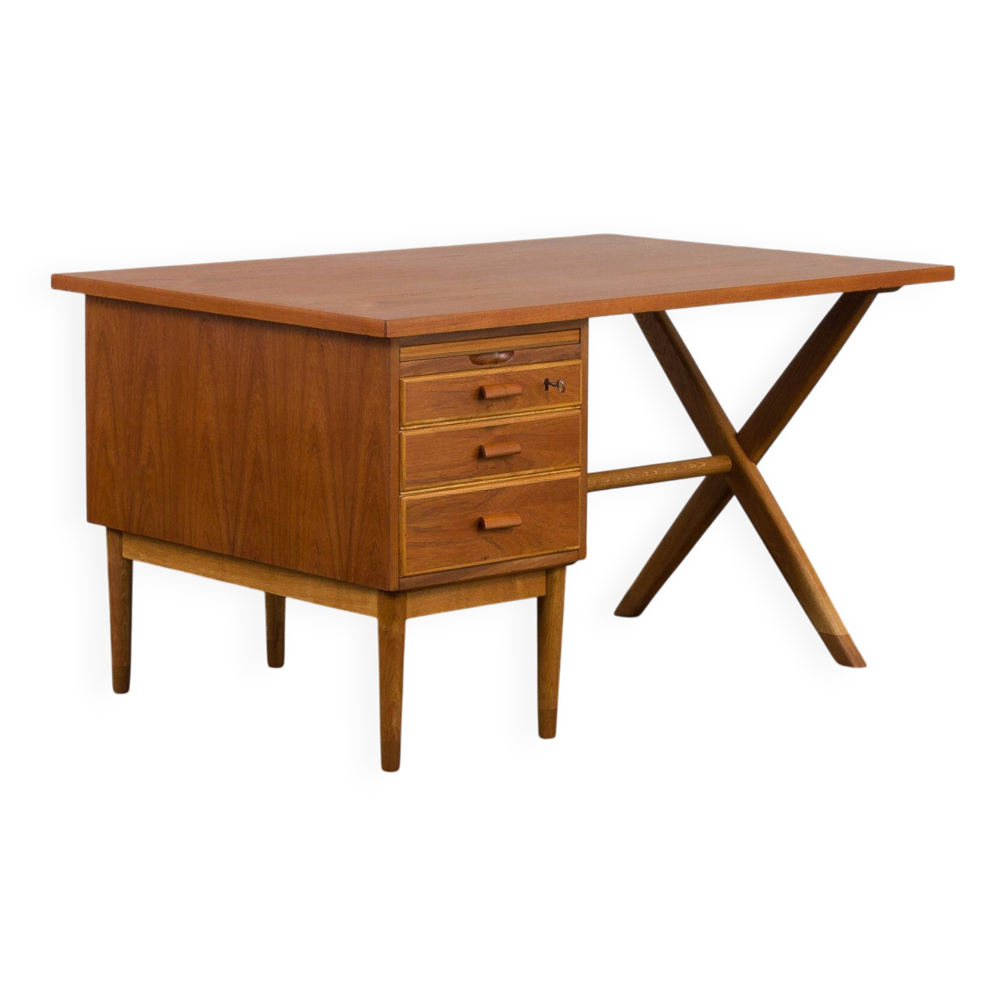 Teak and oak double-sided desk with X-shaped legs