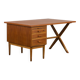 Teak and oak double-sided desk with X-shaped legs