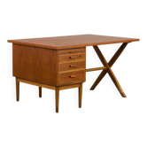 Teak and oak double-sided desk with X-shaped legs