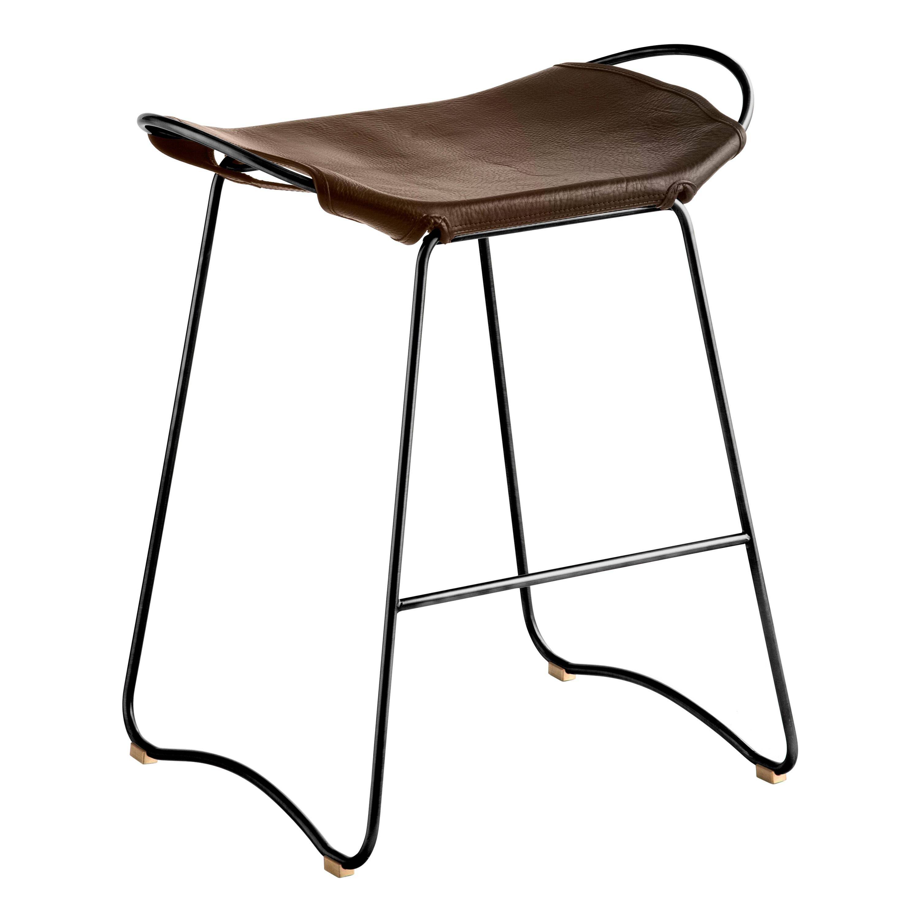 Contemporary organic sculptural bar stool in black smoked metal and dark brown leather.