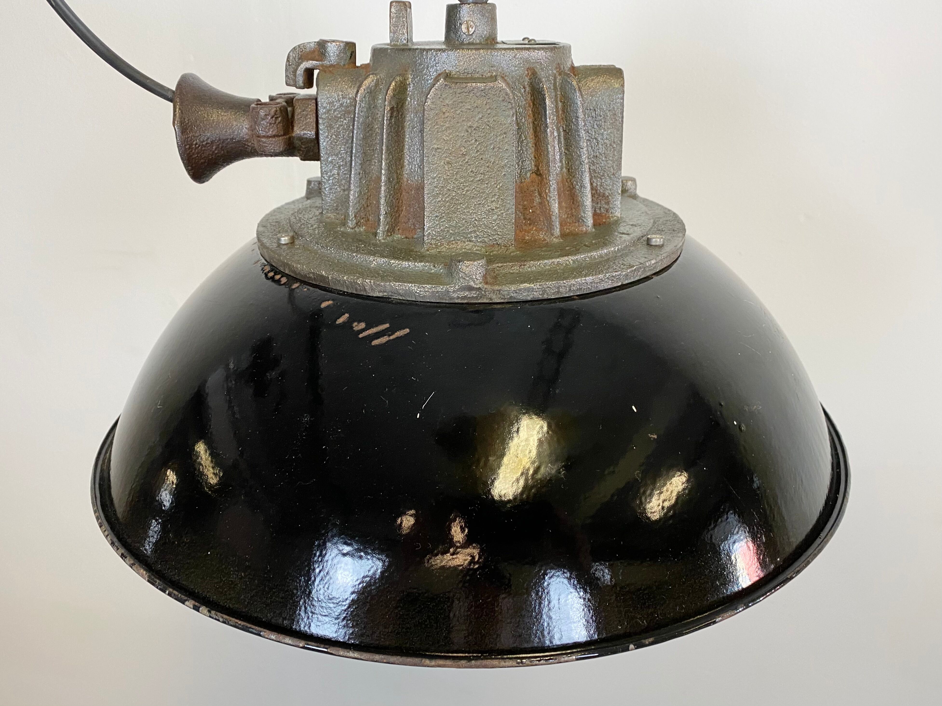Black Enamel and Cast Iron Industrial Cage Pendant Light, 1950s