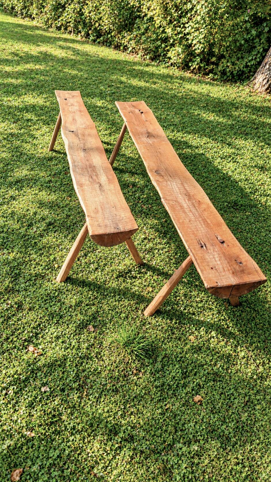 Pair of antique farmhouse benches in solid wood – brutalist style – 180 cm