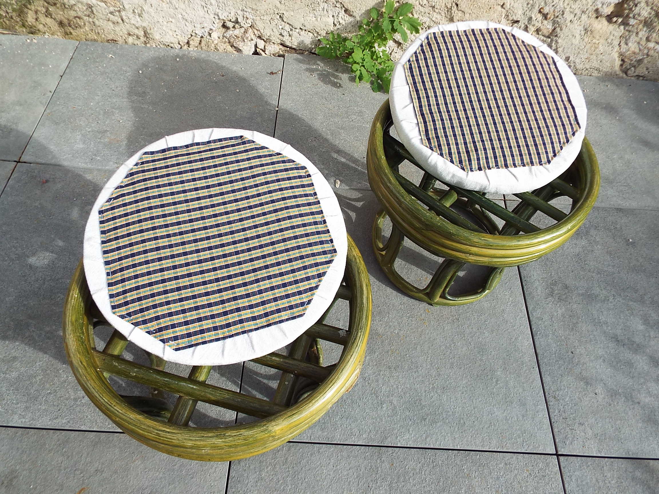 2 low bamboo stools