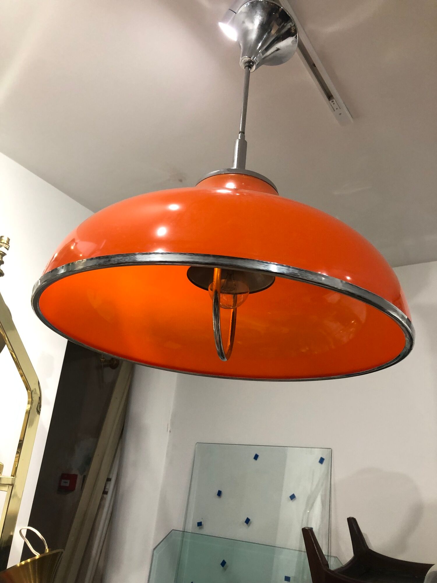 1960s Round Orange Chrome Pendant Light Guzzini style Bedroom Ceiling Lamp