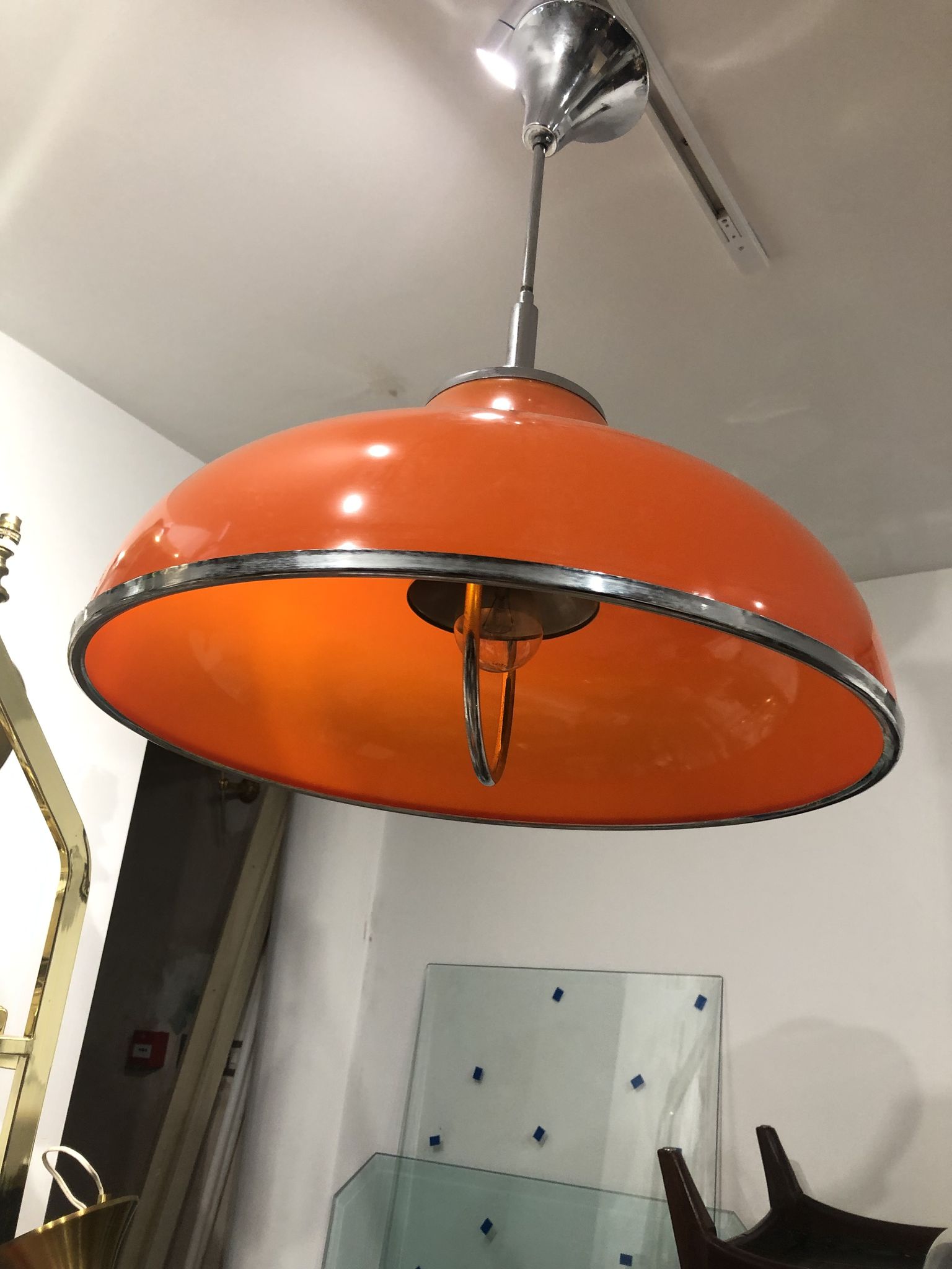 1960s Round Orange Chrome Pendant Light Guzzini style Bedroom Ceiling Lamp