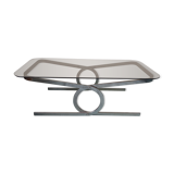 Vintage coffee table 70s rectangular top smoked glass chrome foot