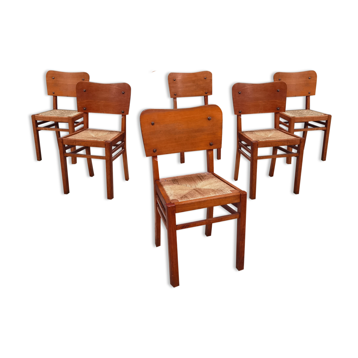 Set of 6 straw wood chairs 1950