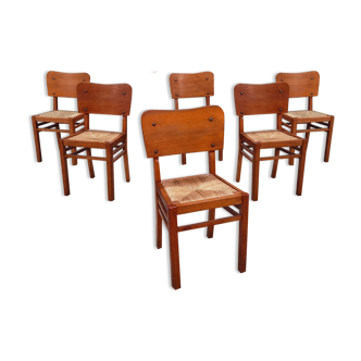 Lot de 6 chaises bois paille 1950