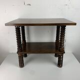 Brutalist wood turned wine press side table in the style of Charles Dudouyt