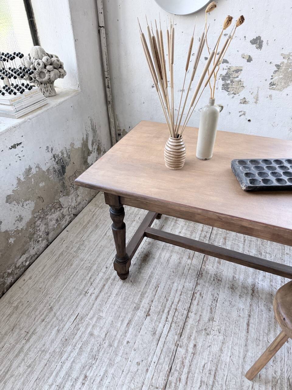 Farm table with turned legs, made of pine and birch, 180cm.