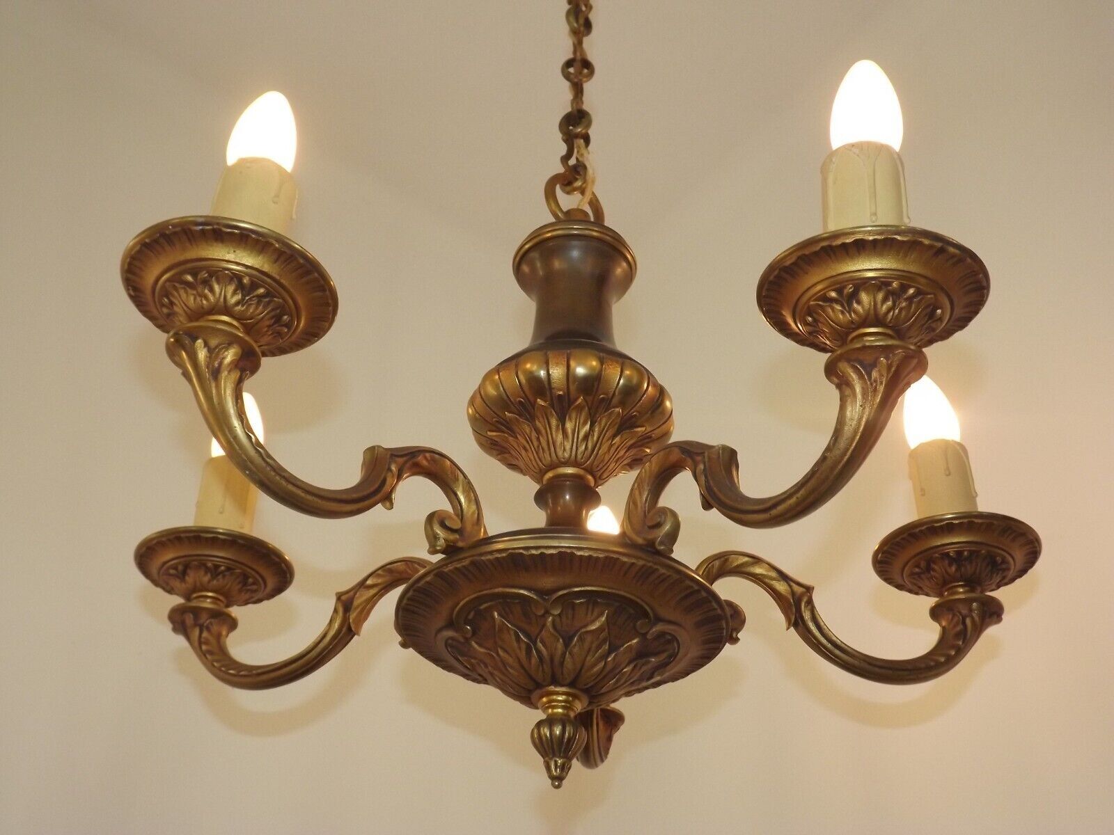 French Vintage Heavy Bronze/Brass 5 Light Empire Style Chandelier 3990