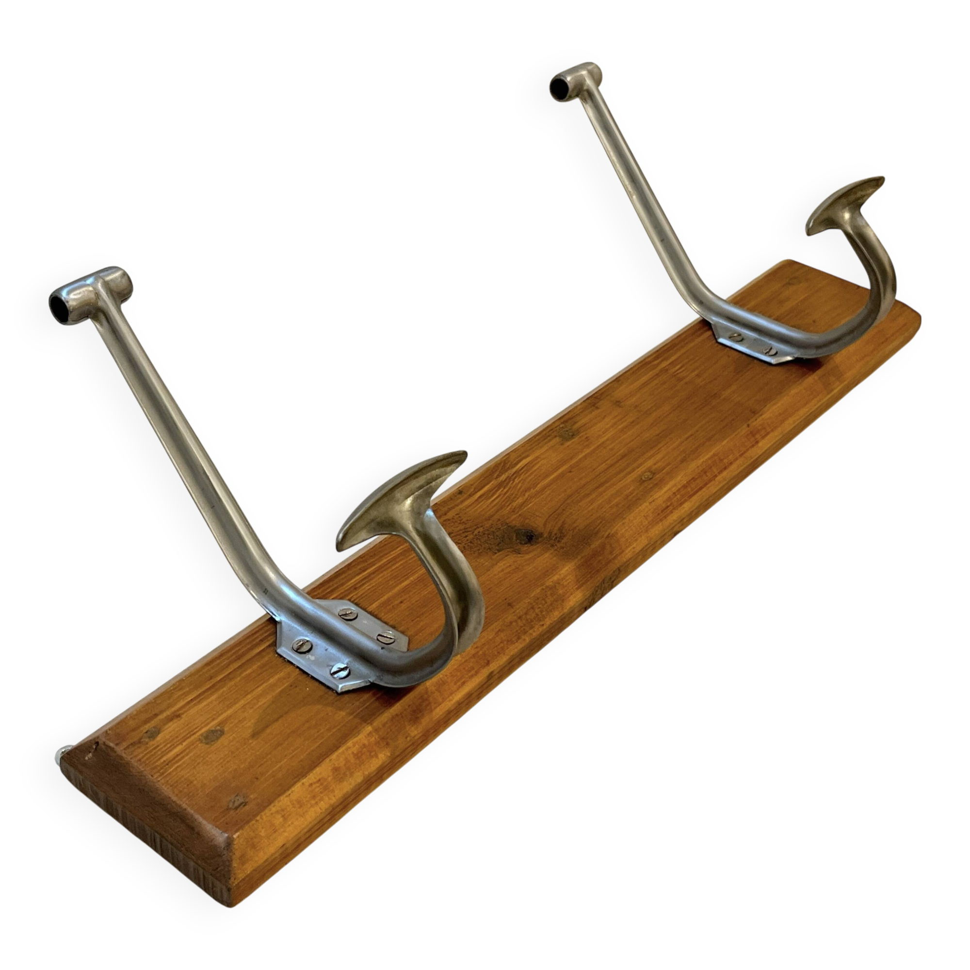 54 cm Ancien porte manteau mural d'école en bois et métal 2 patères double