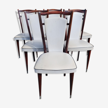 Ensemble de 6 chaises de salle à manger, en bois acajou et skaï blanc, années 50