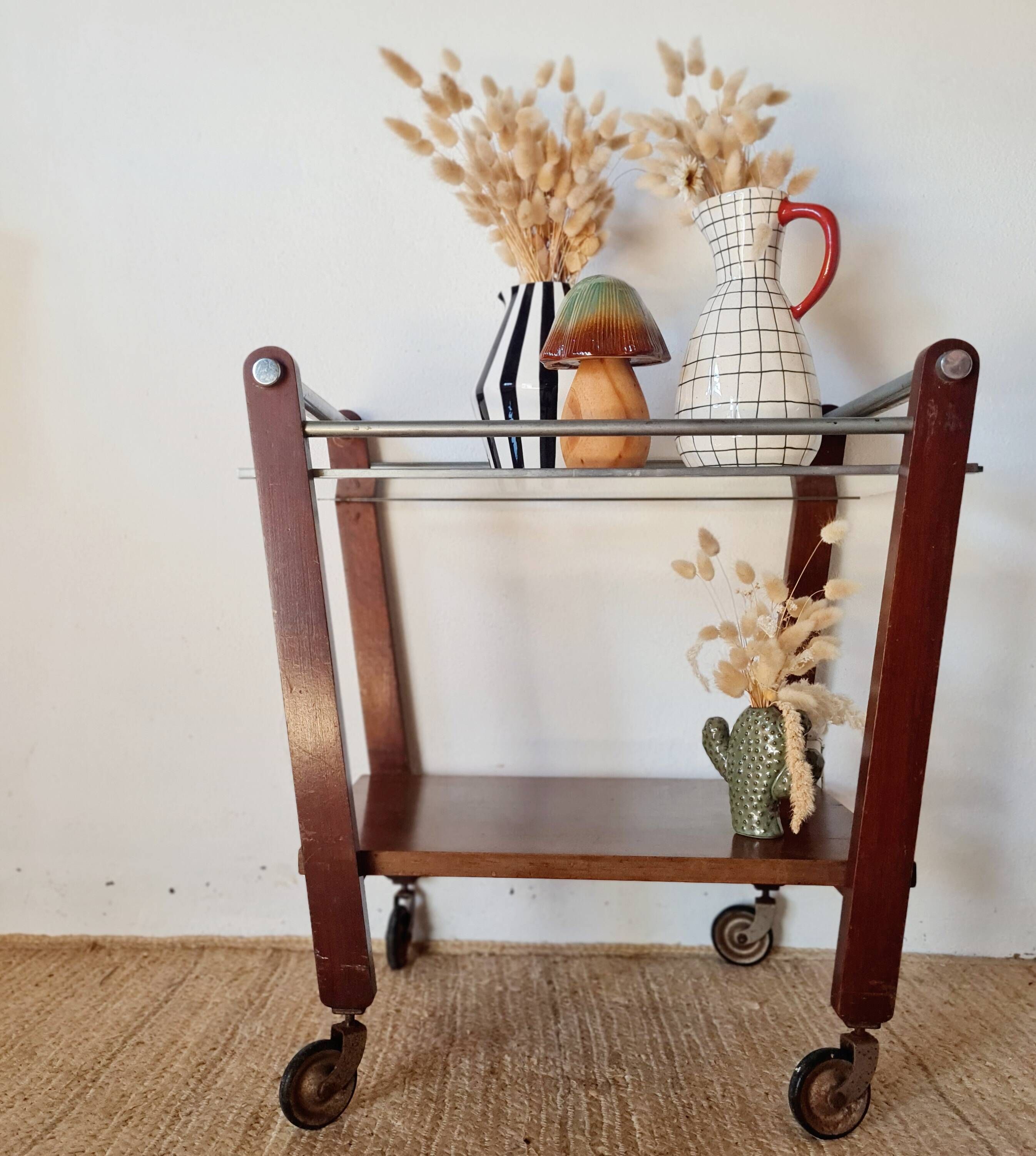 Vintage wooden and metal side table | Retro rolling cart
