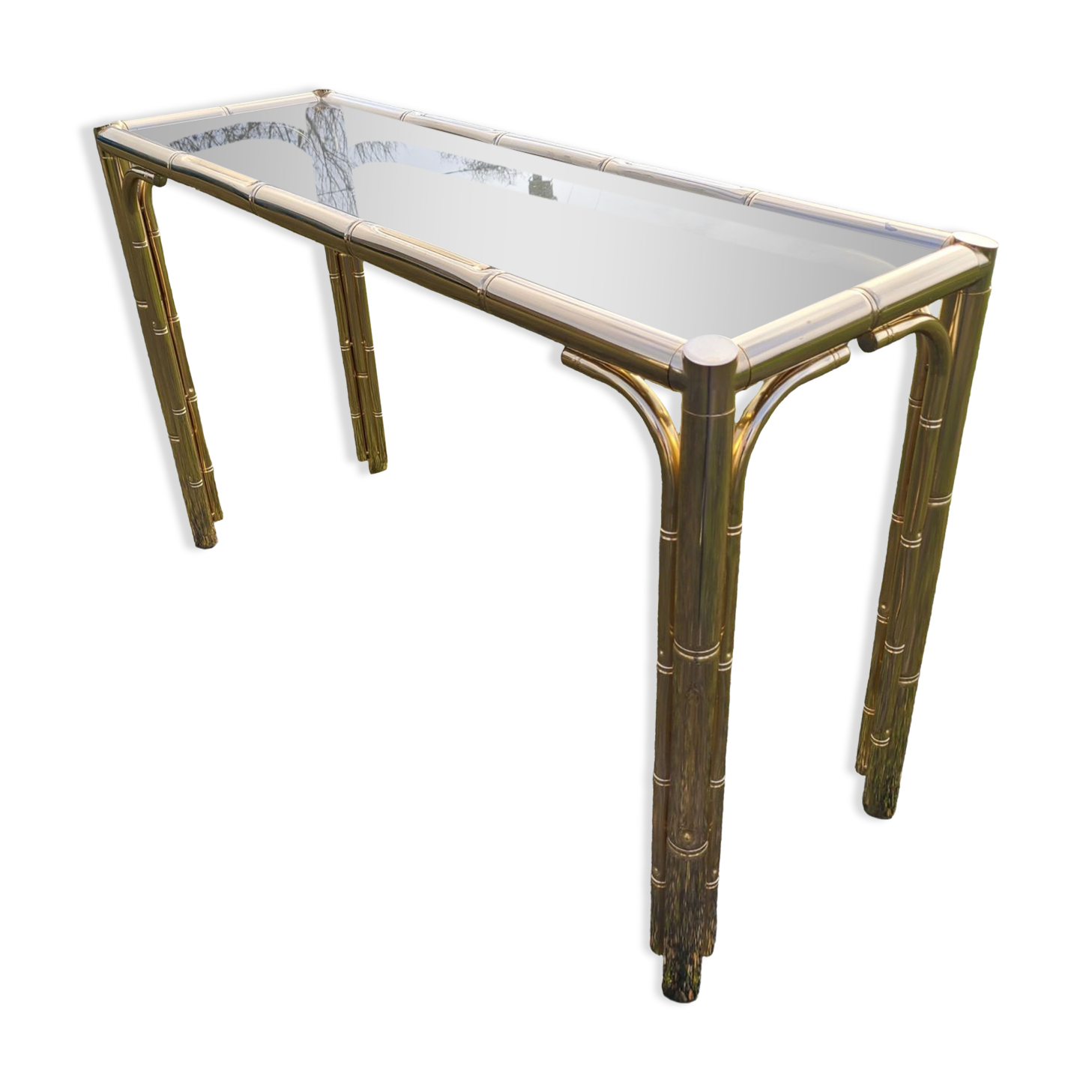 Console dorée et verre fumé vintage imitation bambou 1970