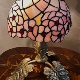 antique bronze lamp with leaf base and glass paste, art nouveau stained glass