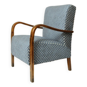 Fauteuil de salon art déco vintage 1940 rénové tissus jacquard bleu marin chaise art déco style original ethnique Boho tissus géométriques