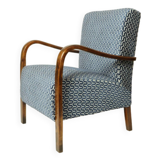 Fauteuil de salon art déco vintage 1940 rénové tissus jacquard bleu marin chaise art déco original style ethnique Boho tissus géométriques